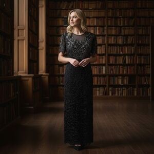 Long Vintage Scala Navy Blue Hand Embellished Dress with Blue Beads & Sequins |